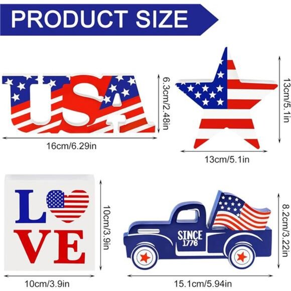 4-Piece Wooden Patriotic Decor Set – USA, LOVE, Star & Car Signs - Picture 4 of 7